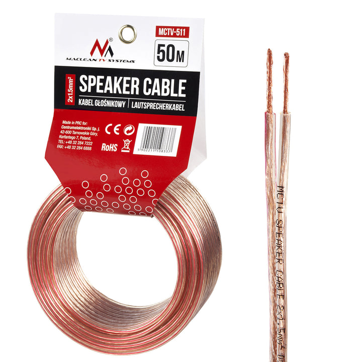 Cable de altavoz Maclean MCTV-511 2 * 1.5mm2 / 48 * 0.20CCA 3.5 * 7.0mm CLARO PVC 50m