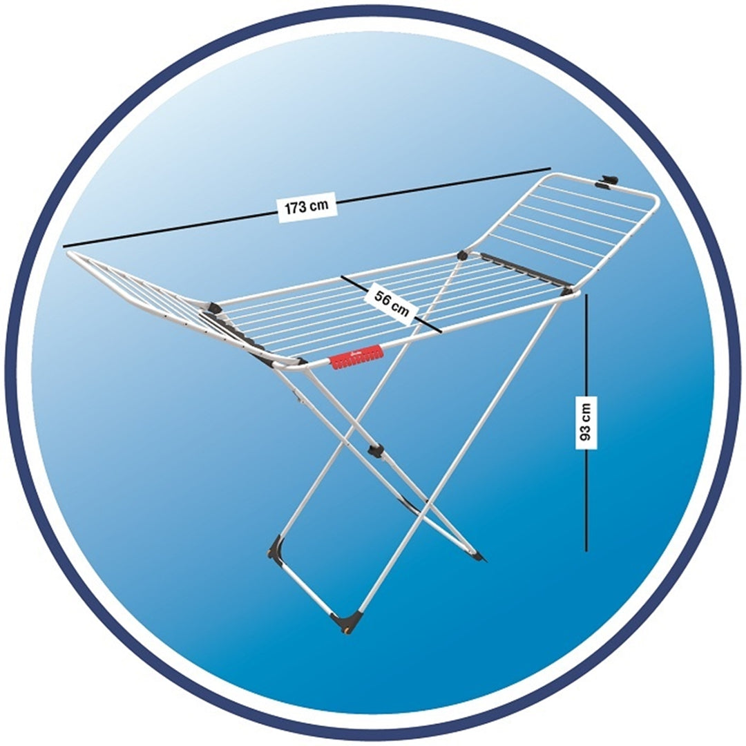 Tendedero de acero y aluminio, con alas plegables, 20 metros de espacio de tendido, con soporte para artículos pequeños, Blanco, dimensiones abierto 173 x 56 x 93 cm