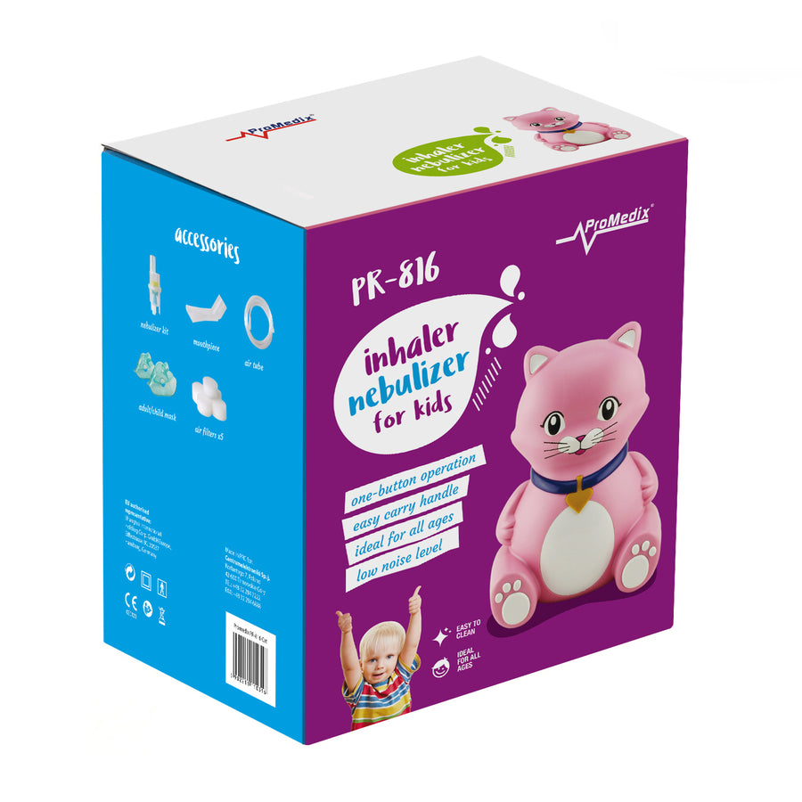 NEBULIZADOR INHALADOR para niños Gato de color rosa con elementos necesarios para inhalación