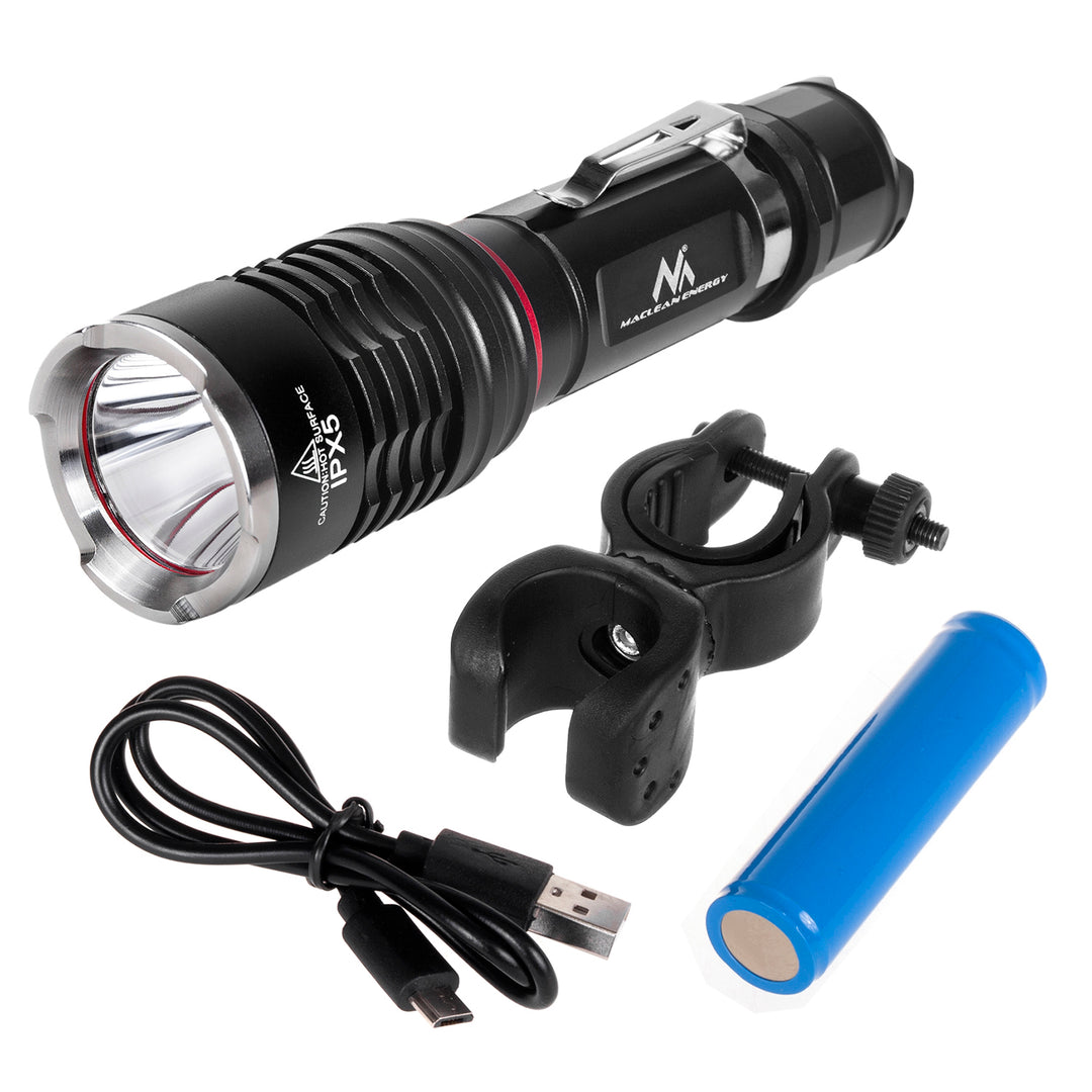 Linterna lámpara de Bicicleta CREE LED, soporte + cable USB, Batería: 18650 de Litio (incluida), 3 Modos de iluminación, Grado de protección: IPX5 Maclean MCE220