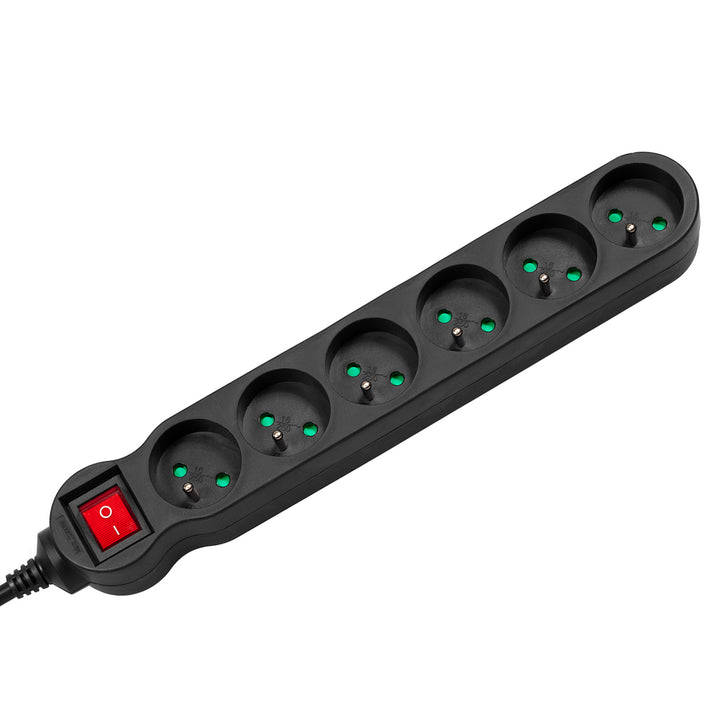 Cable de extensión de la tira de alimentación 6 salidas con enchufes negros 1,5 m Maclean Energy MCE225 protección contra sobretensiones 2300W