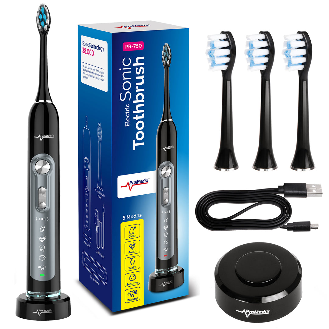 Cepillo sónico de dientes Promedix PR-750 B IPX7 negro o blanco, estuche de viaje, 5 modos, temporizador, 3 niveles de potencia, 3 puntas re repuesto