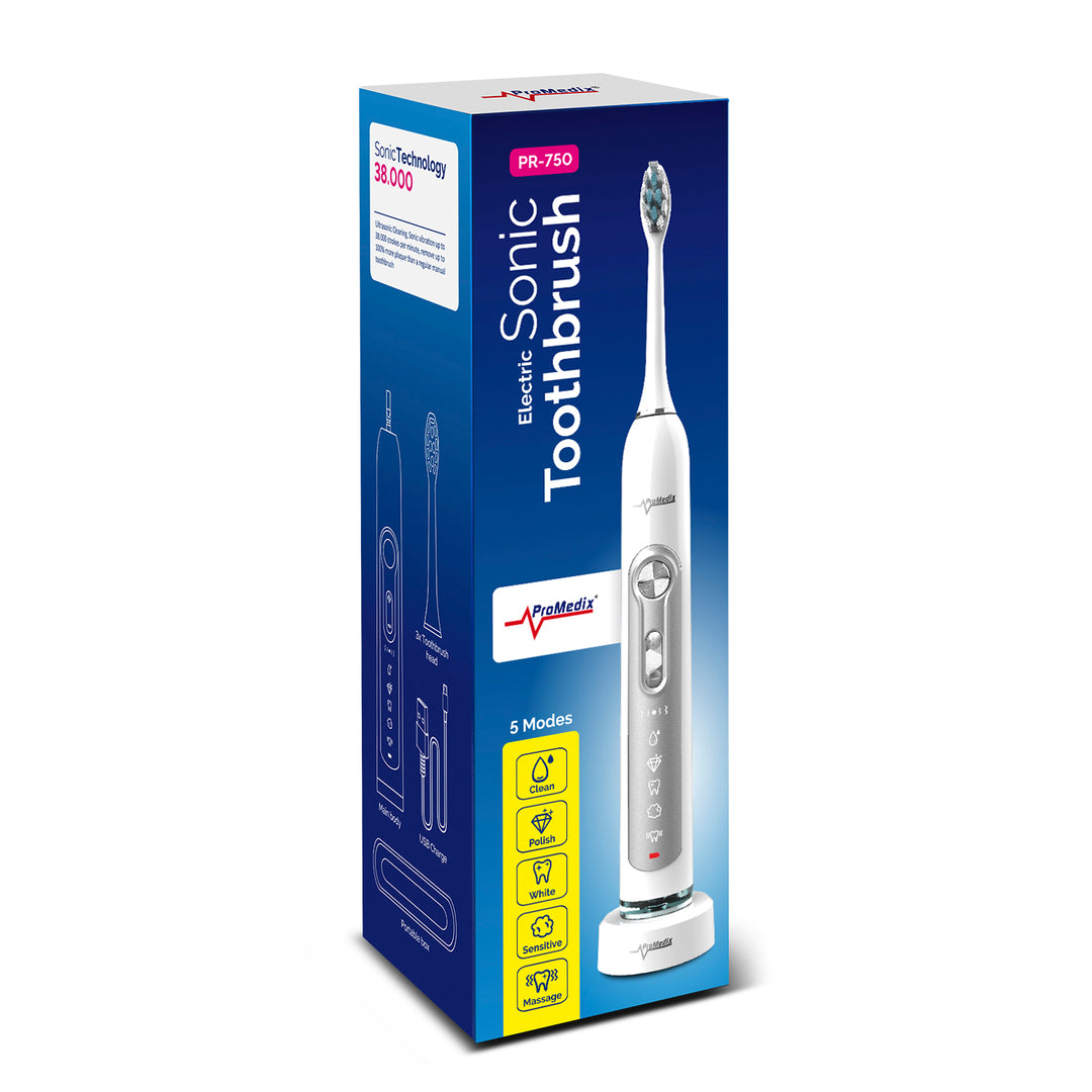 Cepillo sónico de dientes Promedix PR-750 B IPX7 negro o blanco, estuche de viaje, 5 modos, temporizador, 3 niveles de potencia, 3 puntas re repuesto