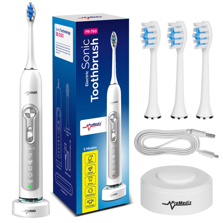 Cepillo sónico de dientes Promedix PR-750 B IPX7 negro o blanco, estuche de viaje, 5 modos, temporizador, 3 niveles de potencia, 3 puntas re repuesto