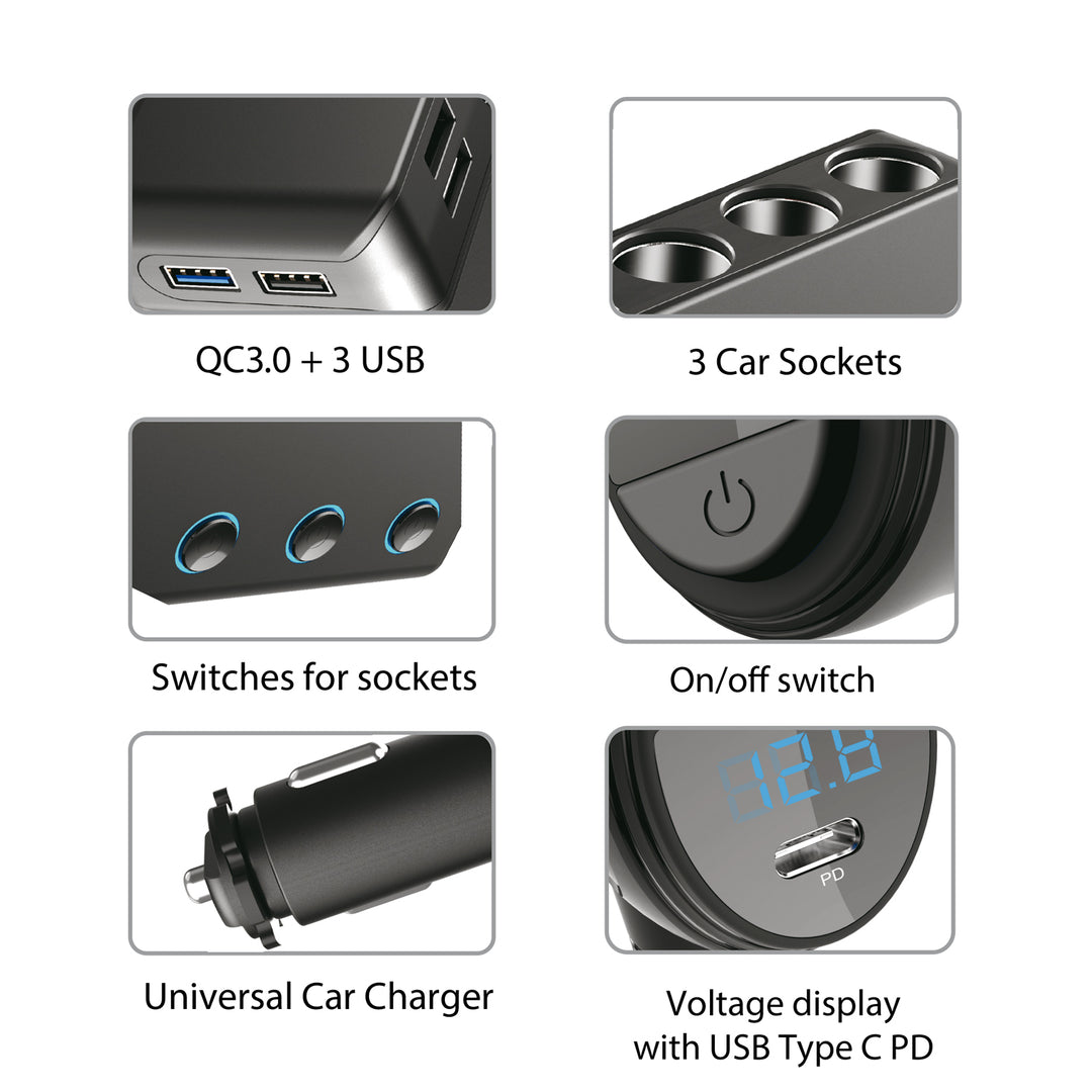 Divisor de isqueiro, voltímetro, 3 soquetes de isqueiro, 1xQuick Charge 3.0, 3xUSB 6.8A, 1x Power Delivery 18W, Maclean MCE218, Max 120W