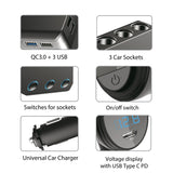 Divisor de isqueiro, voltímetro, 3 soquetes de isqueiro, 1xQuick Charge 3.0, 3xUSB 6.8A, 1x Power Delivery 18W, Maclean MCE218, Max 120W