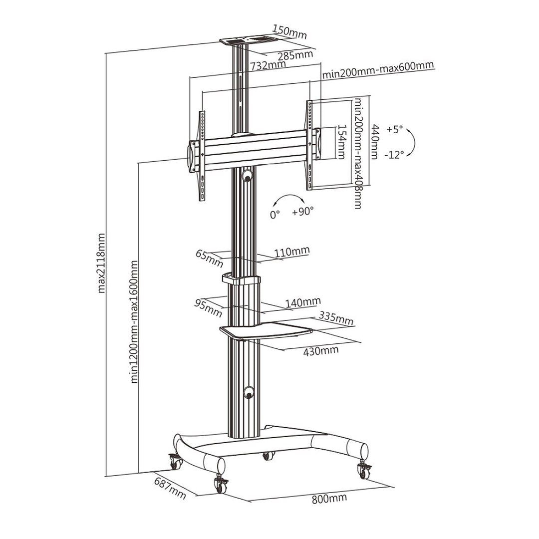 Maclean MC-801 profesional soporte tipo carretilla para TV LCD  máx. 70", máx. 50 kg, máx. VESA 600x400 Altura ajustable