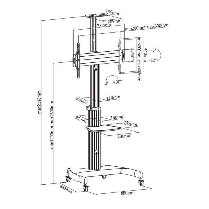 Maclean MC-801 profesional soporte tipo carretilla para TV LCD  máx. 70", máx. 50 kg, máx. VESA 600x400 Altura ajustable