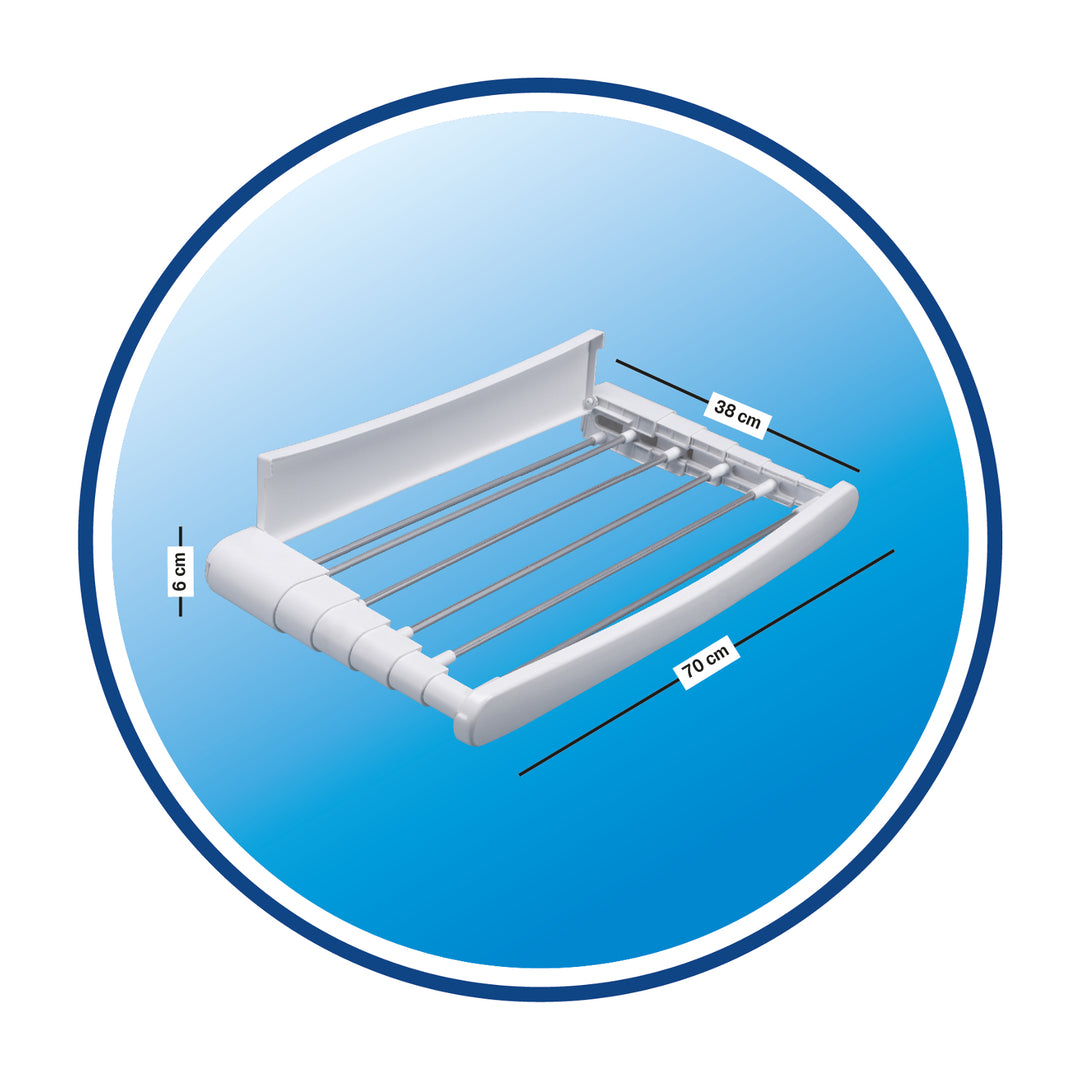 Tendedero de pared de aluminio y resina, 5 metros de espacio de tendido, 2 pares de soporte de pared incluidos, dimensiones abierto 70 x 38 x 8 cm, color blanco