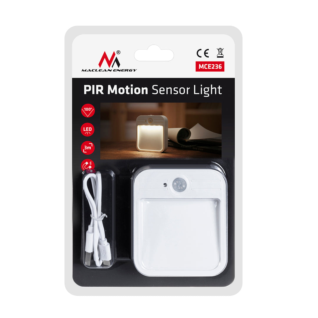 Lámpara portátil Maclean MCE236 de escalera LED con sensor de movimiento y atardecer, imán, gancho, temperatura 4000K, rango 3-4m, batería/acumulador 3.7V / 500mAh alimentada por USB, 4 LED SMD2835