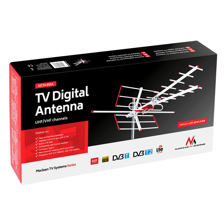 Antena de TV externa DVB-T2 HEVC Combo UHF VHF ativo máx. Filtro 100dBμV Lte Maclean MCTV-855