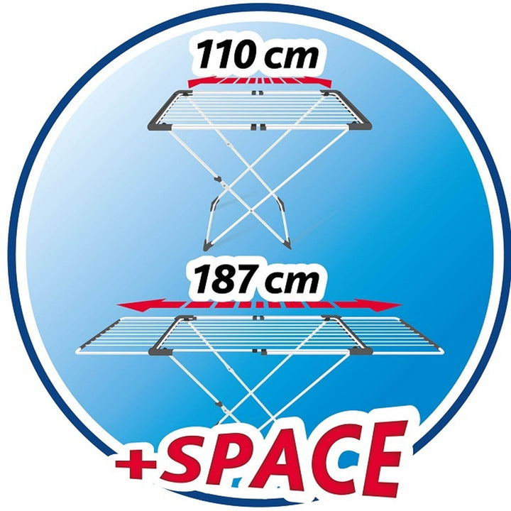 endedero Extensible de Acero y Aluminio, Espacio de Tendido de 11 hasta 20m, Soporte para Artículos Pequeños, Dimensiones Abierto, color Blanco, 110-187 x 61 x 94 cm