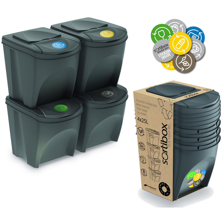 Sortibox 4x25L Juego de 4 cubos de reciclaje, color gris