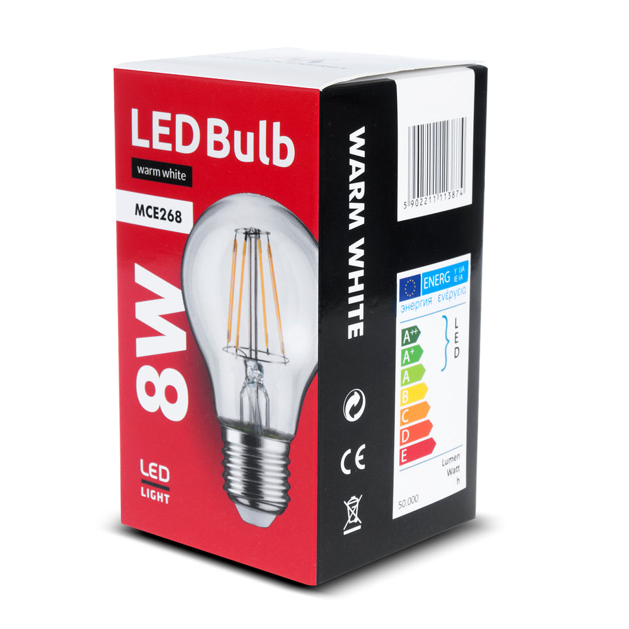 Lâmpada de filamento LED E27, 8W 230V branco quente 3000K 806lm retrô decorativo edison Maclean Energy MCE268 ​​​​WW