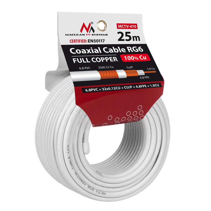 Cable coaxial cable de 25M MCTV-470 1.02CU + 4.8FPE + CU / P + 32 * 0.12CU + 6.8PVC Maclean RG6