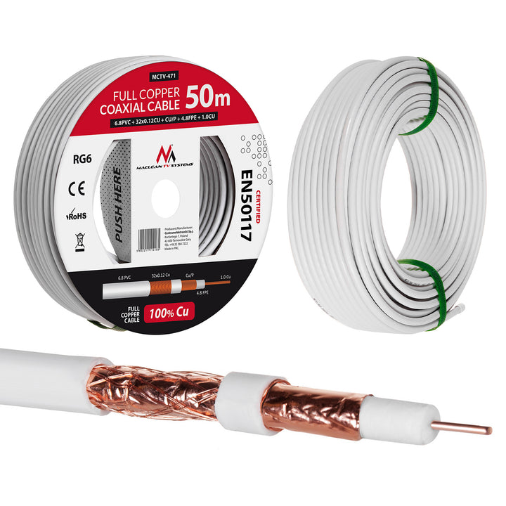 Cabo coaxial RG6 cabo 50M Maclean MCTV-471 1.02CU + 4.8FPE + CU / P + 32 * 0.12CU + 6.8PVC