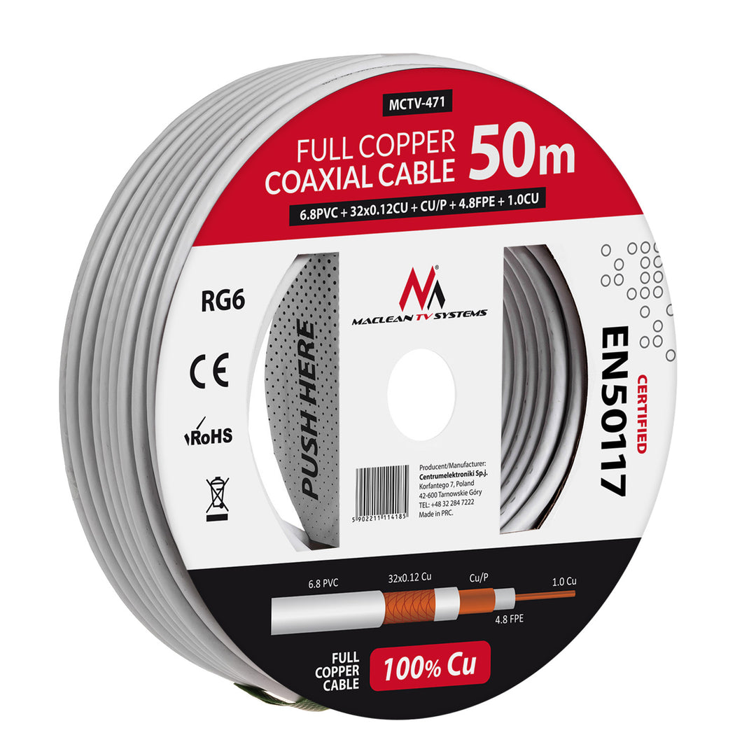 Cabo coaxial RG6 cabo 50M Maclean MCTV-471 1.02CU + 4.8FPE + CU / P + 32 * 0.12CU + 6.8PVC