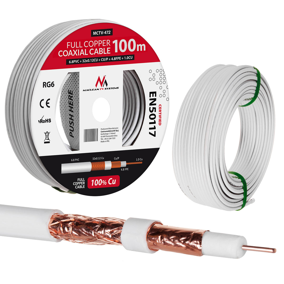 Cable coaxial cable RG6 100M Maclean MCTV-472 1.02CU + 4.8FPE + CU / P + 32 * 0.12CU + 6.8PVC