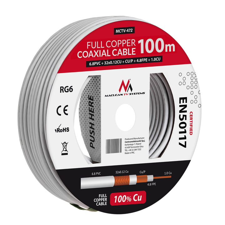 Cable coaxial cable RG6 100M Maclean MCTV-472 1.02CU + 4.8FPE + CU / P + 32 * 0.12CU + 6.8PVC