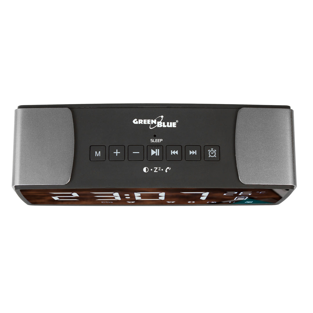 Rádio relógio FM Bluetooth 4.2 2200 mAh, entrada auxiliar, 6 W, temperatura, alarme, relógio, bateria GreenBlue GB200