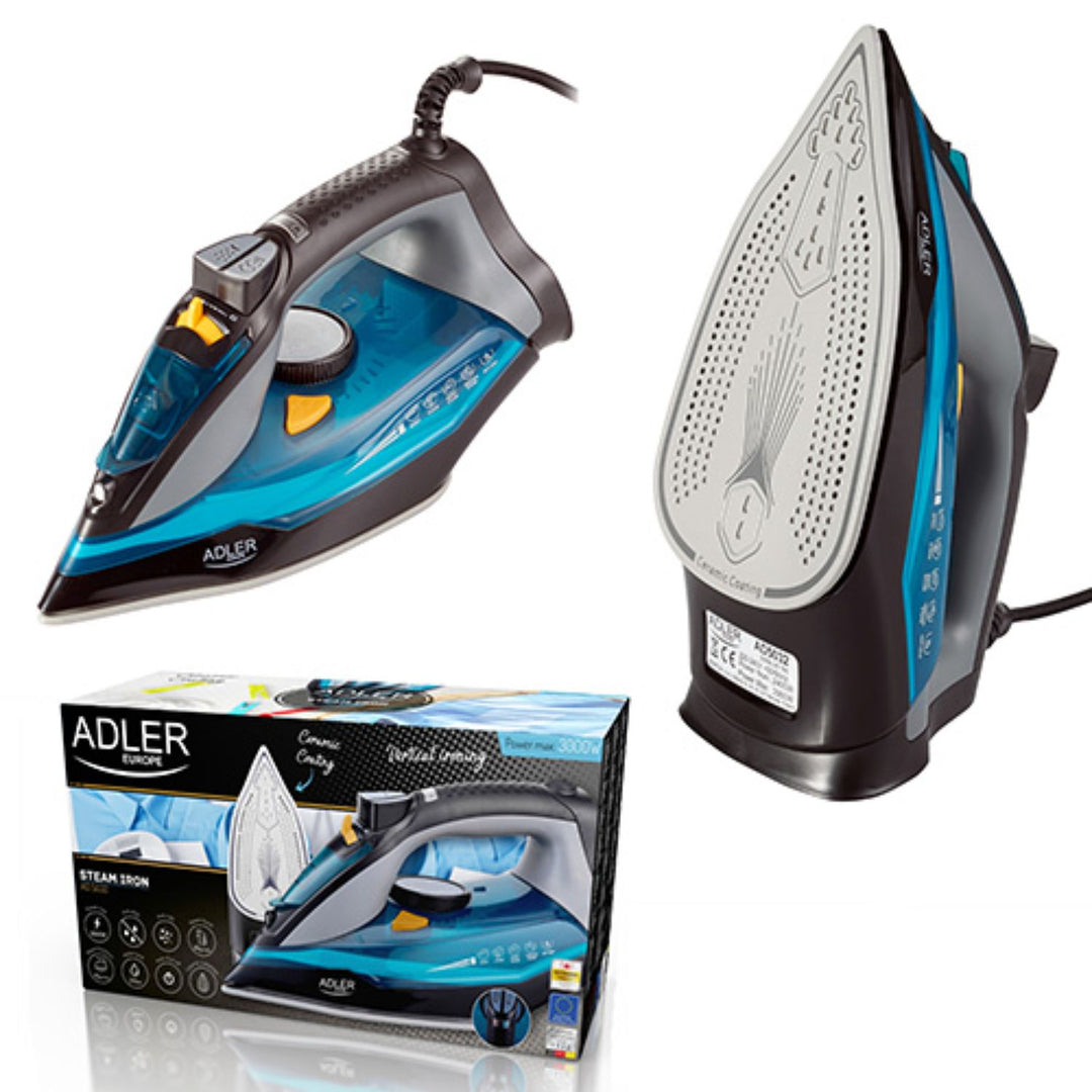 Ferro a vapor 3000W, sola cerâmica, vertical, engomar a seco, desligamento automático, autolimpeza, filtro anti-calcário, anti-gotejamento Blue Adler AD5031