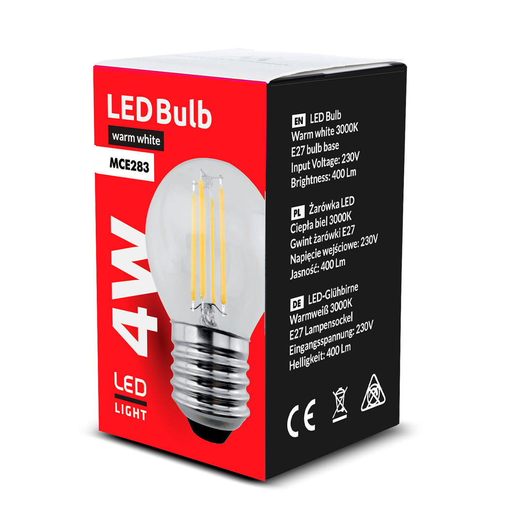 Lâmpada de filamento LED E27, 4W 230V branco quente 3000K 400lm retrô decorativo edison G45 Maclean Energy MCE283 WW