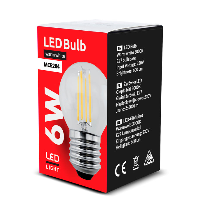 Lâmpada de filamento LED E27, 6W 230V branco quente 3000K 600lm retrô decorativo Edison Maclean Energy MCE284 WW