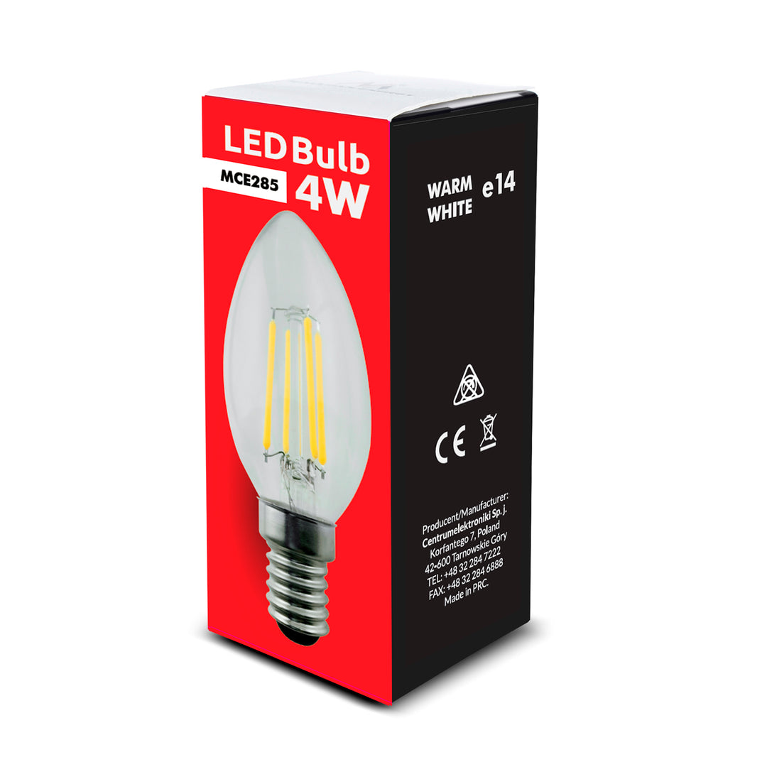 Bombilla de filamento LED E14, 4W 230V blanco cálido 3000K 400lm retro edison vela decorativa C37 Maclean Energy MCE285 WW