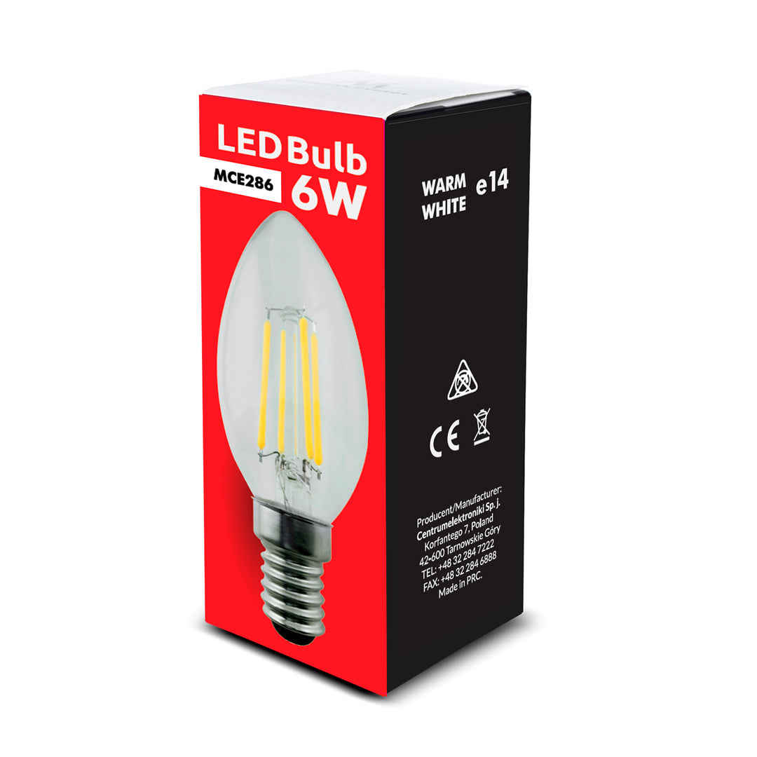 Lâmpada de filamento LED E14, 6W 230V branco quente 3000K 806lm retro edison vela decorativa C37 Maclean Energy MCE286 WW