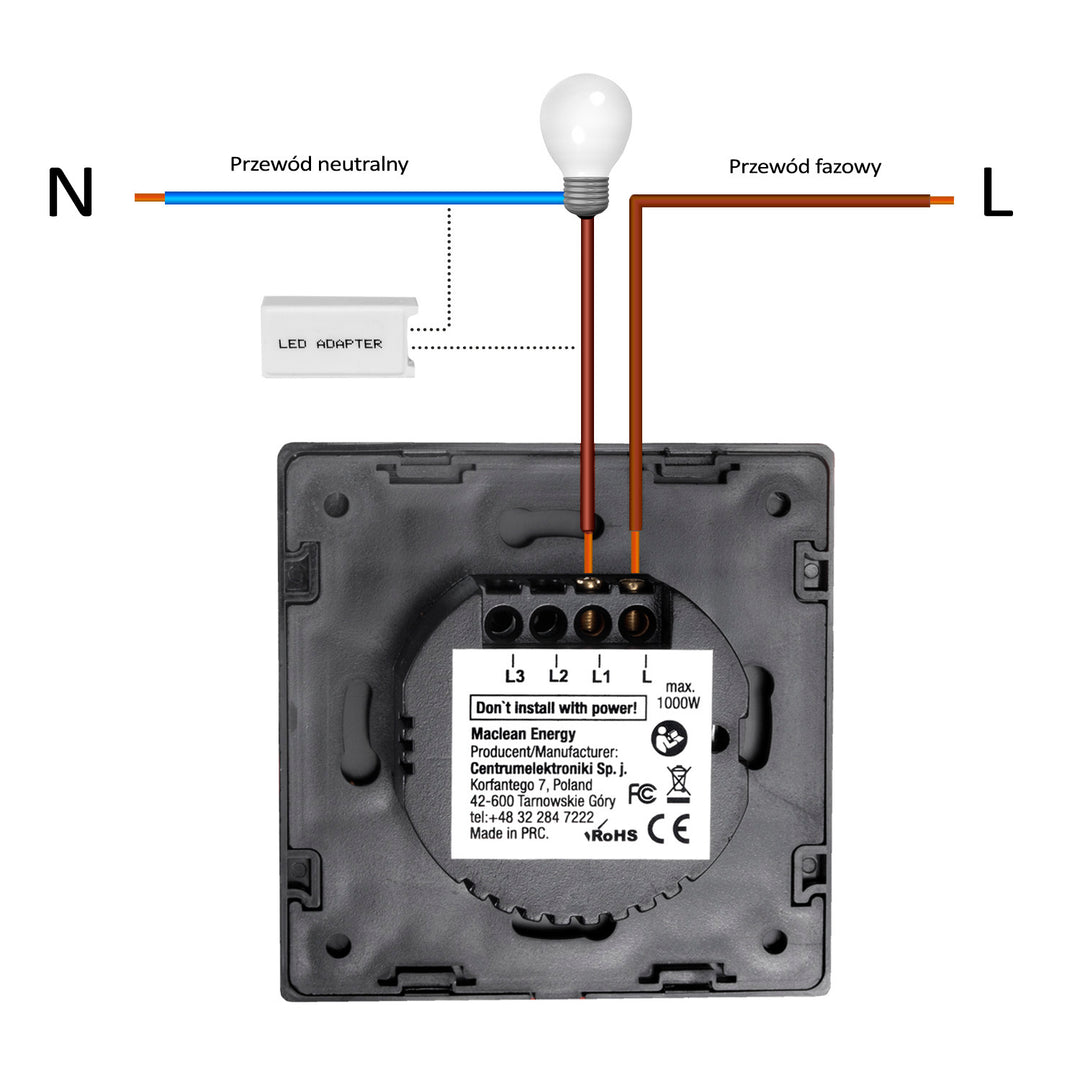 Interruptor de luz touch, simples, vidro, branco com iluminação de botão e botão quadrado, dimensões 86x86 mm, Maclean Energy MCE701W,