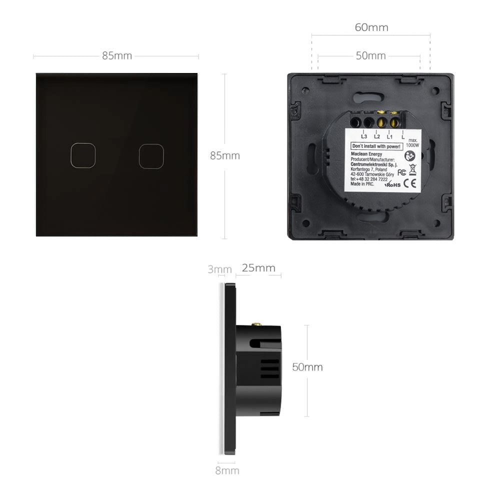 Interruptor de luz táctil, simple, vidrio, negro con botón cuadrado, dimensiones 86x86 mm, con iluminación de botónMaclean Energy MCE701B,