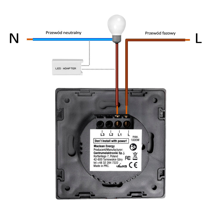 Interruptor de luz touch, simples, vidro, preto com botão quadrado, dimensões 86x86 mm, com iluminação de botãoMaclean Energy MCE701B,