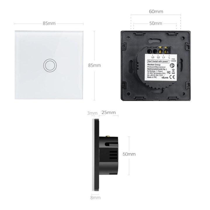 Interruptor de luz táctil, simple, vidrio, blanco con botón redondo, dimensiones 86x86 mm, con iluminación de botón Maclean Energy MCE702W,