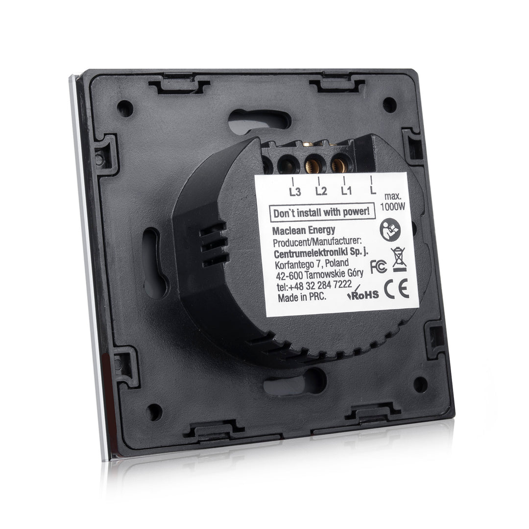 Interruptor de luz touch, simples, vidro, preto com botão redondo Maclean Energy MCE702B, dimensões 86x86 mm, com iluminação de botão