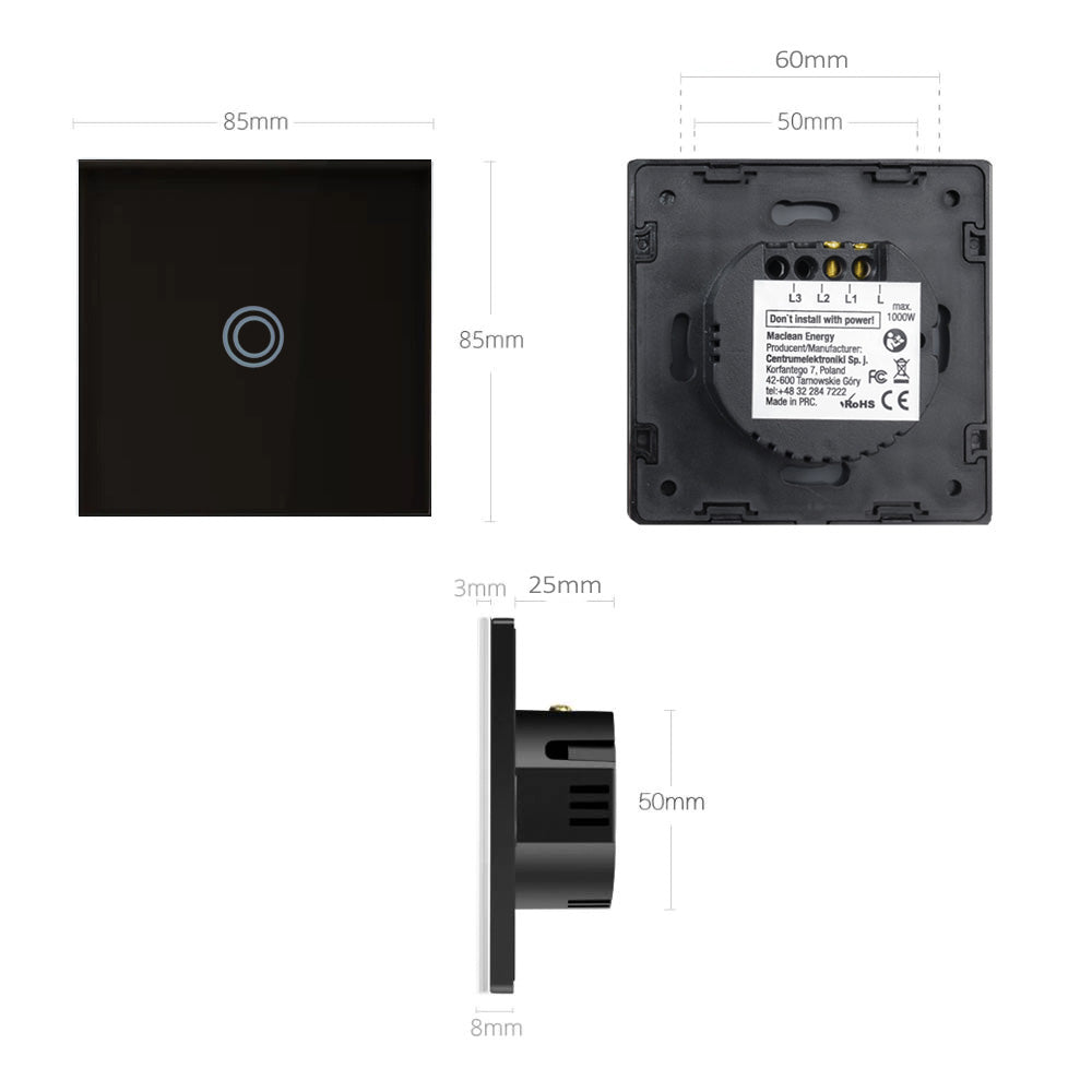 Interruptor de luz touch, simples, vidro, preto com botão redondo Maclean Energy MCE702B, dimensões 86x86 mm, com iluminação de botão