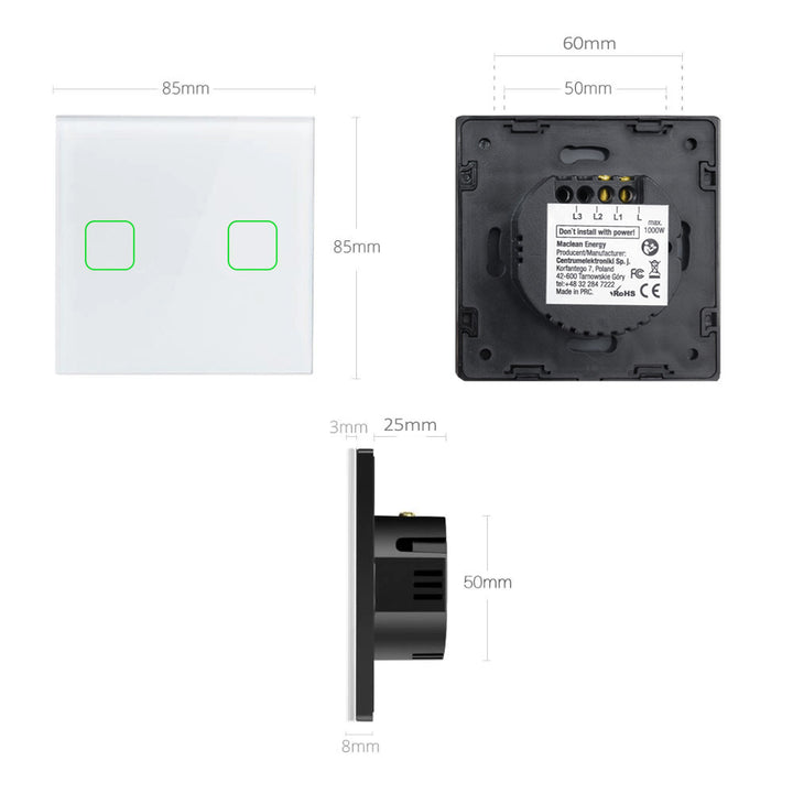 Interruptor de luz touch, duplo, vidro, branco com botão quadrado, dimensões 86x86 mm, com iluminação de botão Maclean Energy MCE703W,