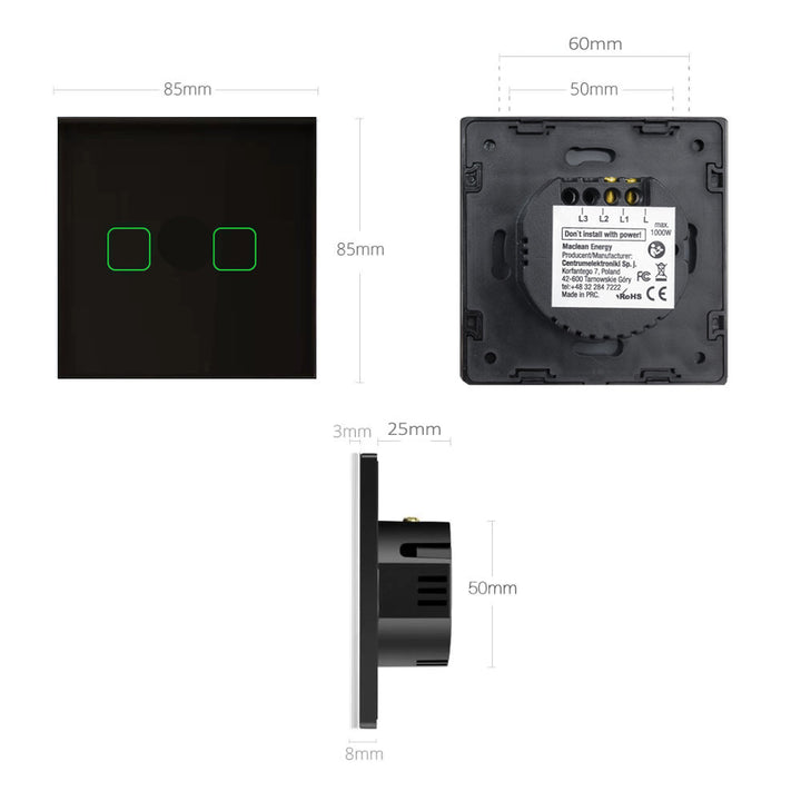 Interruptor de luz touch, duplo, vidro, preto com botão quadrado dimensões 86x86 mm, com iluminação de botão Maclean Energy MCE703B