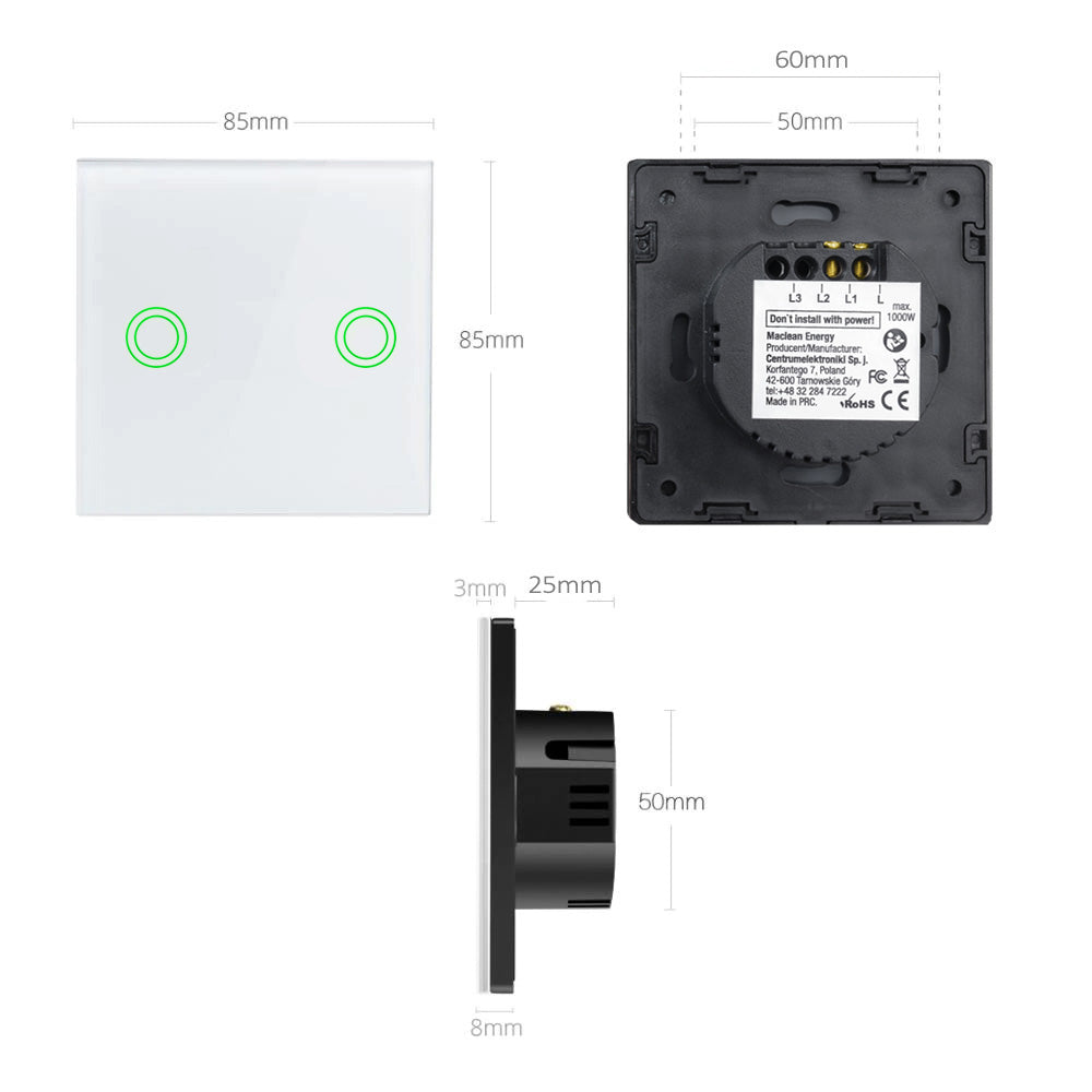 Interruptor de luz touch, duplo, vidro, branco com botão redondo dimensões 86x86 mm, com iluminação de botão Maclean Energy MCE704W,