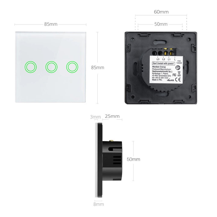 Interruptor de luz touch, triplo, vidro, branco com botão redondo dimensões 86x86 mm, com iluminação de botão Maclean Energy MCE705W