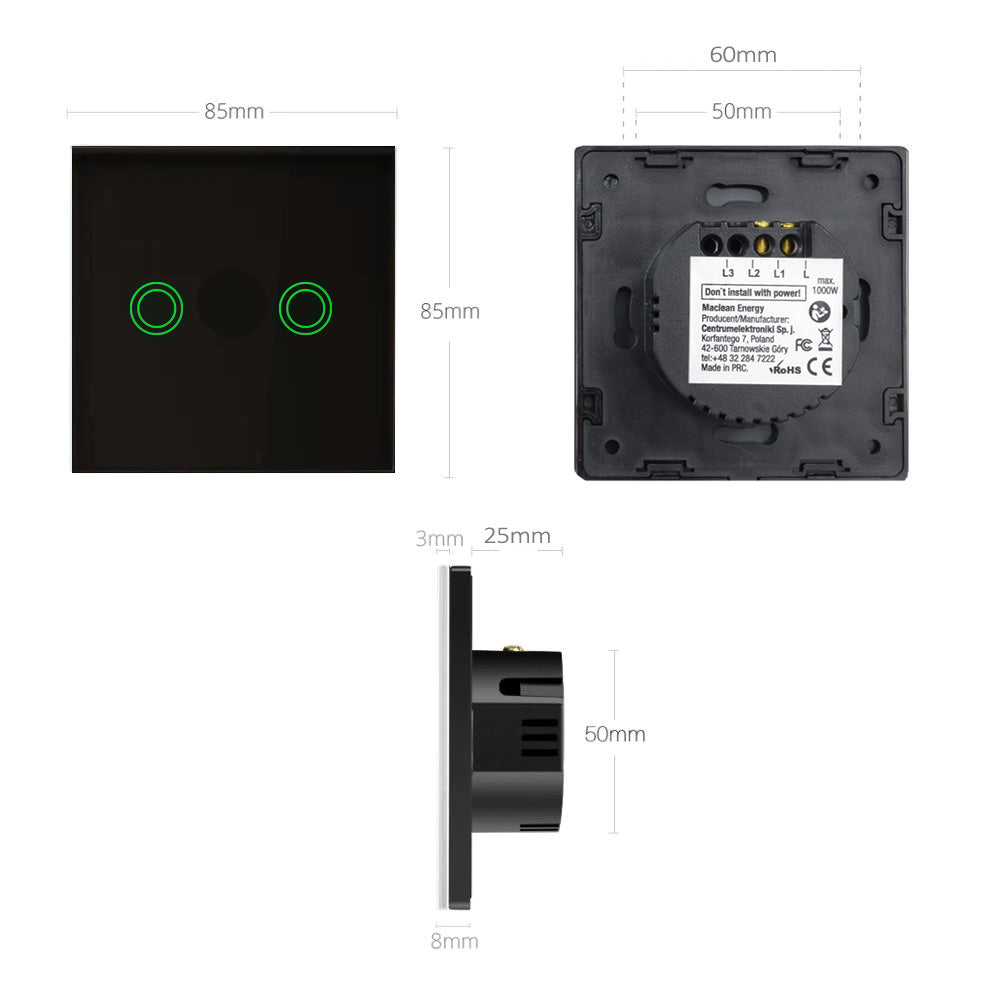 Interruptor de luz touch, duplo, vidro, preto com botão redondo dimensões 86x86 mm, com iluminação de botão Maclean Energy MCE704B