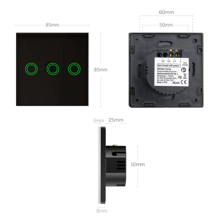 Interruptor de luz táctil, triple, vidrio, negro con botón redondo dimensiones 86x86 mm, con iluminación de botón Maclean Energy MCE705B,