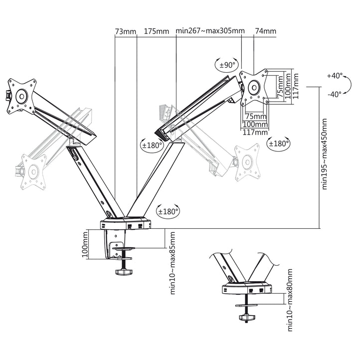 Soporte para juegos para 2 monitores LCD 17-32 " 2x 8kg max 16 kg VESA 75x75 y 100x100 NanoRS RS887