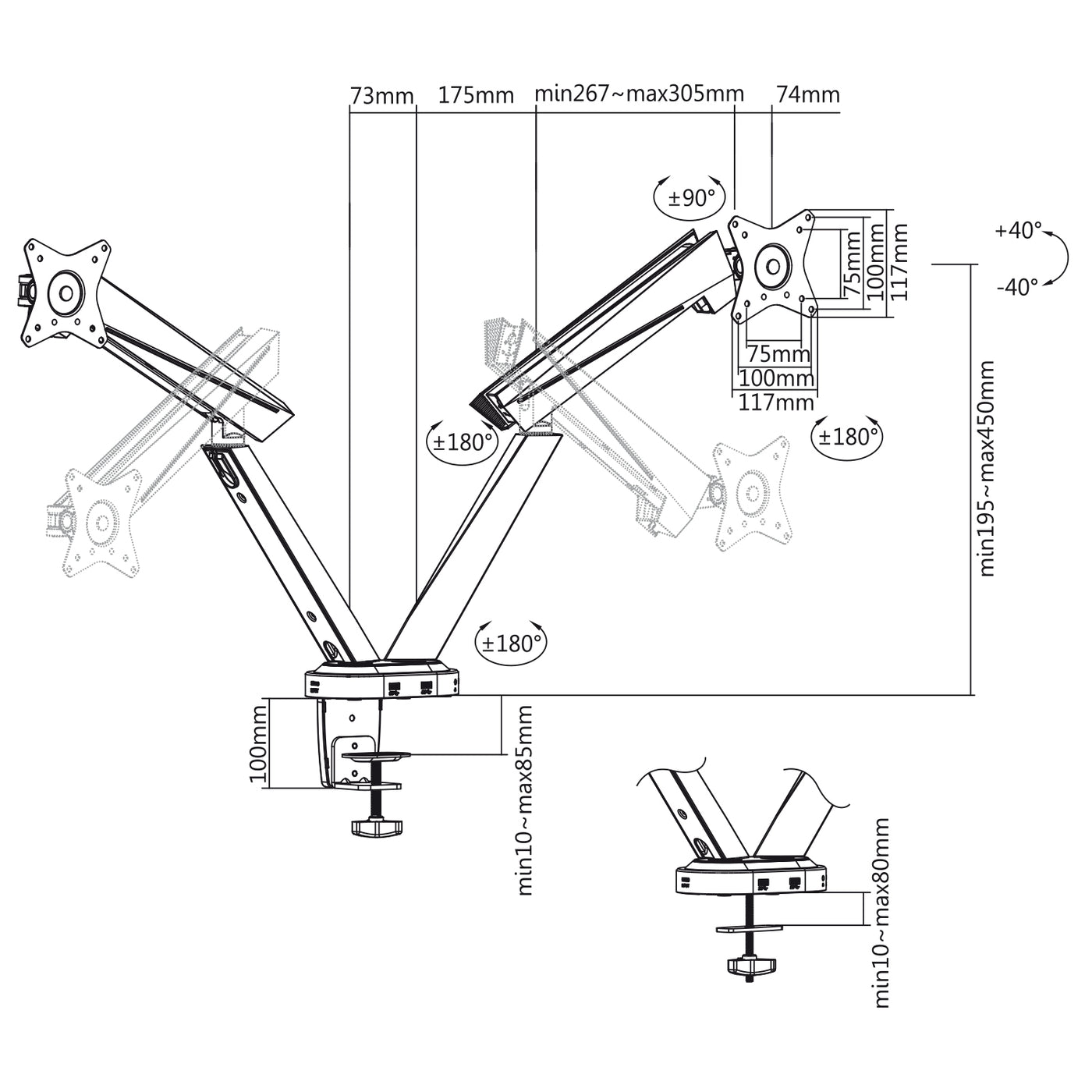 Suporte de jogos para 2 monitores LCD 17-32 " 2x 8kg máx. 16 kg VESA 75x75 e 100x100 NanoRS RS887