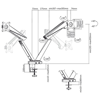 Suporte de jogos para 2 monitores LCD 17-32 " 2x 8kg máx. 16 kg VESA 75x75 e 100x100 NanoRS RS887