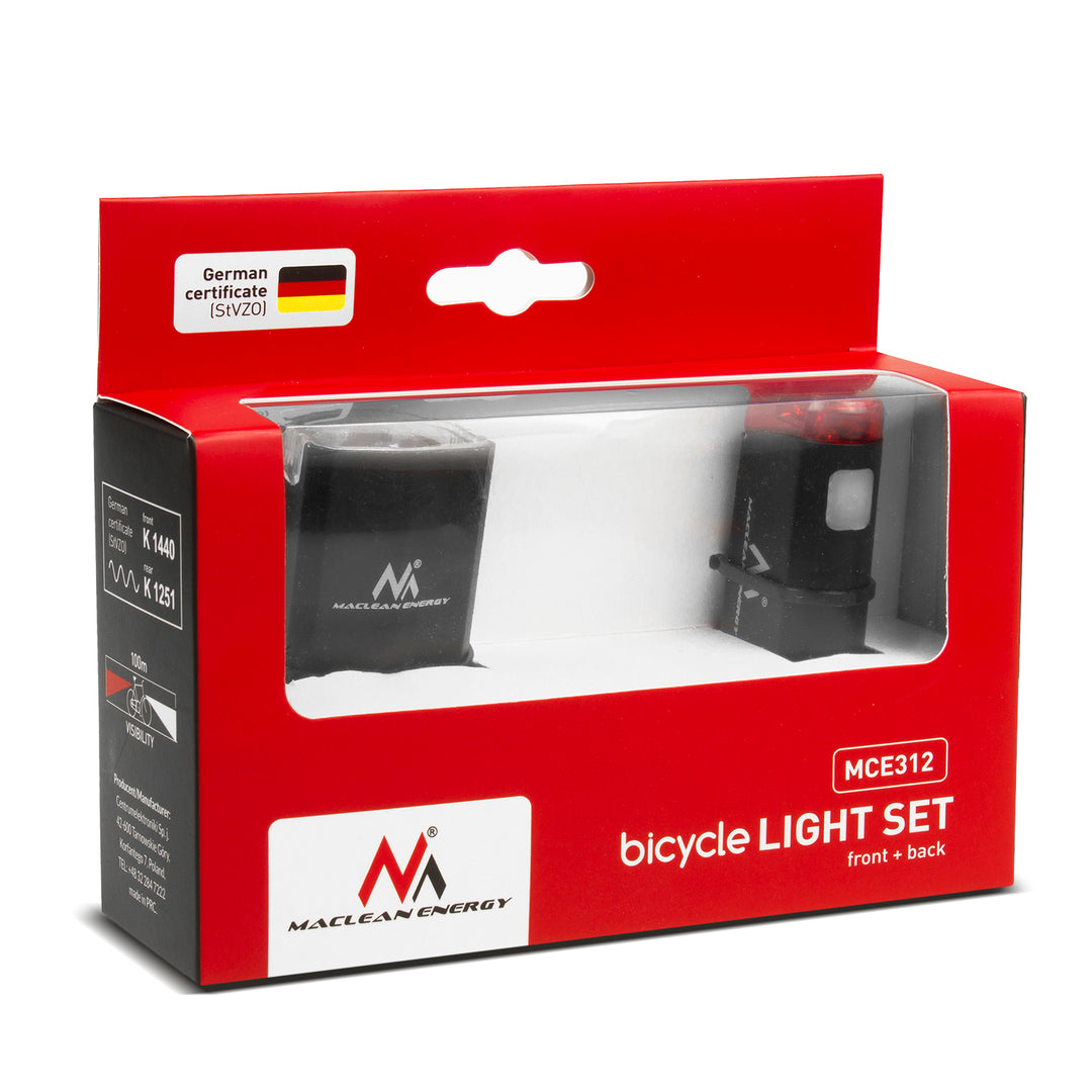 Iluminação LED para bicicleta dianteira + traseira, a dianteira possui 2 modos de iluminação e uma bateria embutida de 1500 mAh, a traseira 2xAAA com certificação DE (StVZO), Maclean Energy MCE312