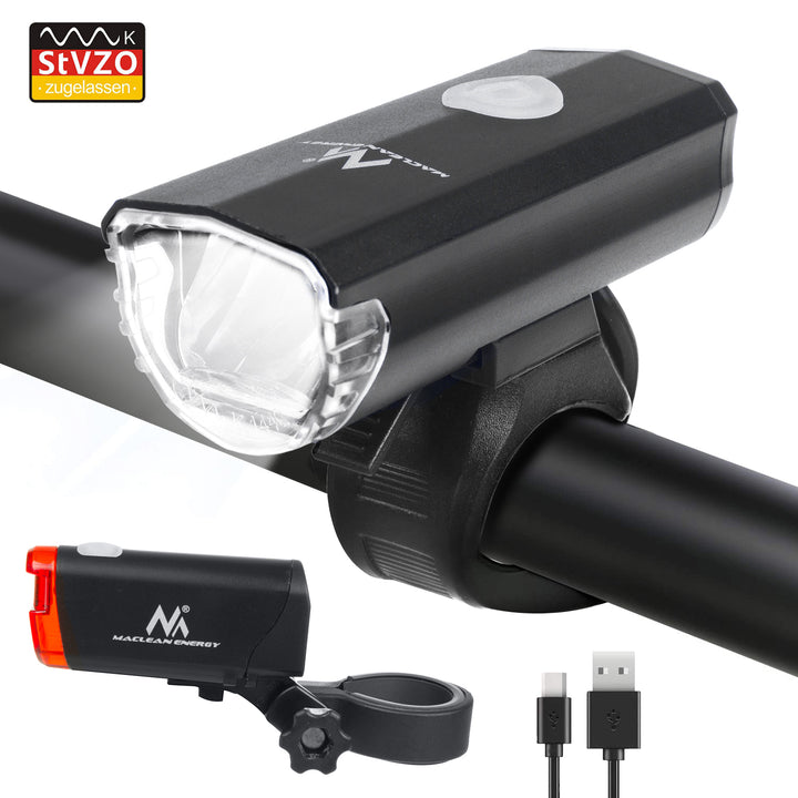 Iluminación LED para bicicleta en la parte delantera + trasera, la parte delantera tiene 2 modos de iluminación y una batería incorporada de 1500 mAh, la parte trasera 2xAAA con certificación DE (StVZO), Maclean Energy MCE312