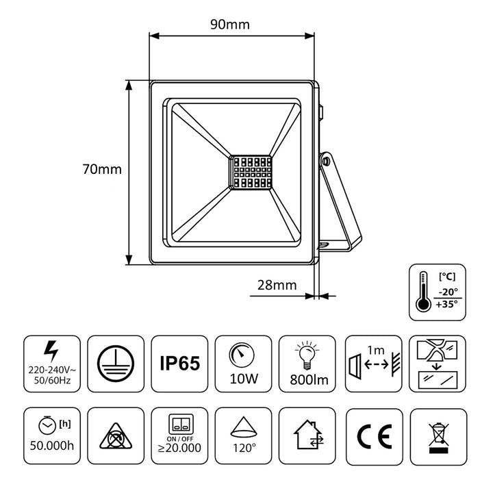 Projetor LED fino de 10W, 800lm branco quente (3000K) IP65 PREMIUM Maclean Energy MCE510 WW,