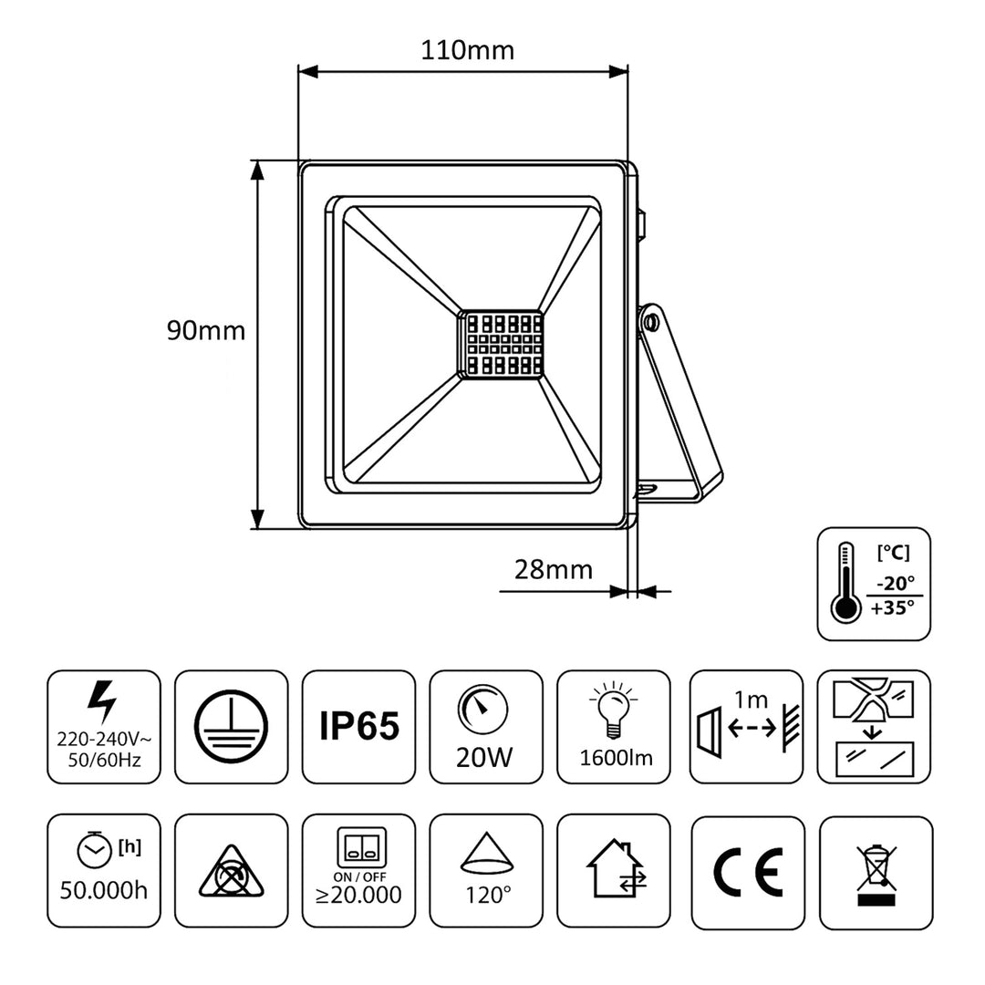 Naświetlacz LED fino 20W, 1600lm Branco Neutro (4000K) Maclean Energy MCE520 NW, IP65, PREMIUM