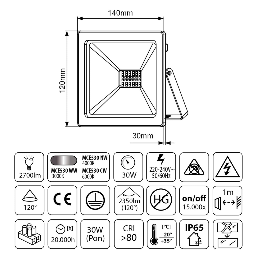 Proyector LED slim 30W, 2400lm Blanco Frío (6000K) Maclean Energy MCE530 CW, IP65, PREMIUM