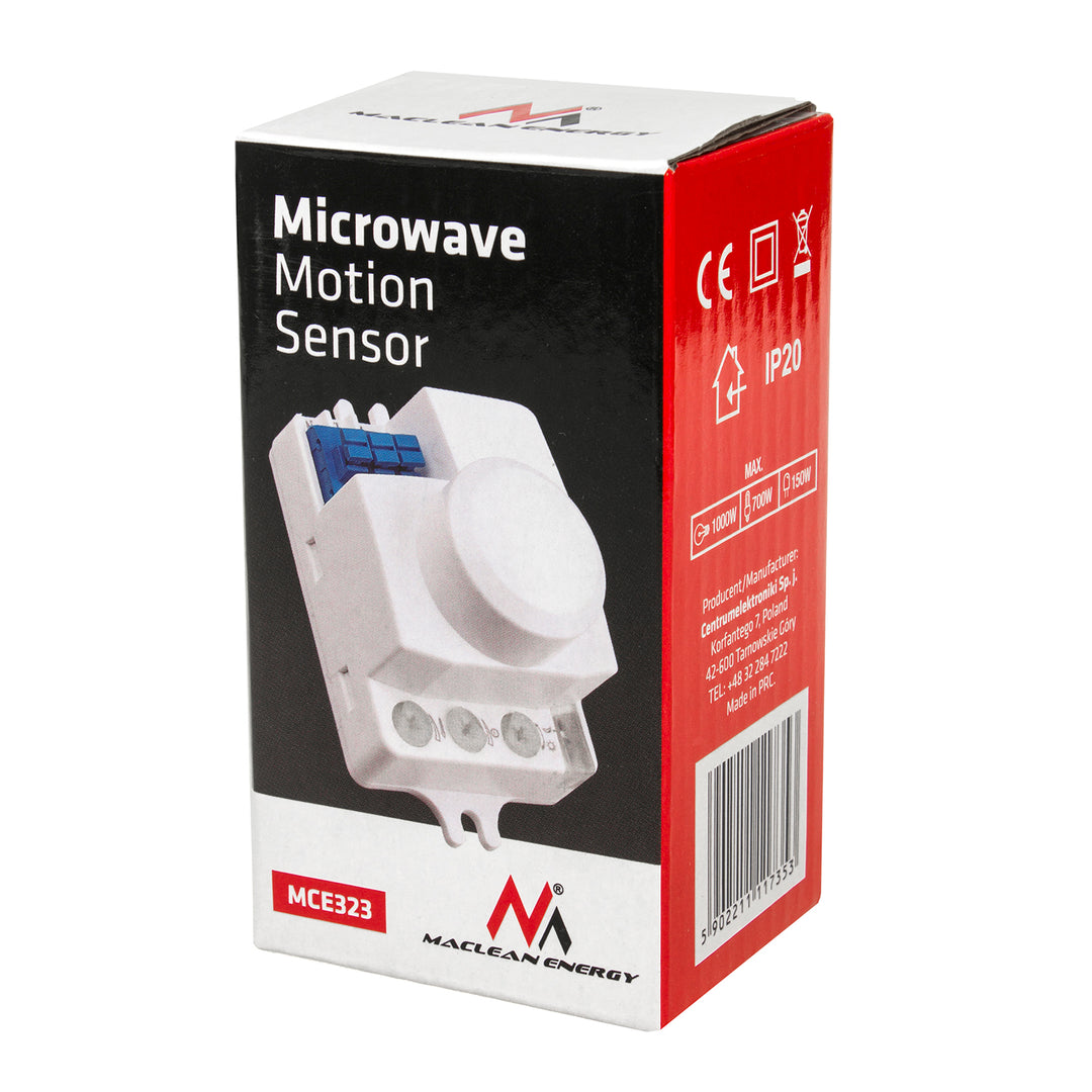 Sensor de movimento de microondas com nível de intensidade de luz ajustável, tempo de iluminação e sensibilidade/faixa operacional Maclean Energy MCE323